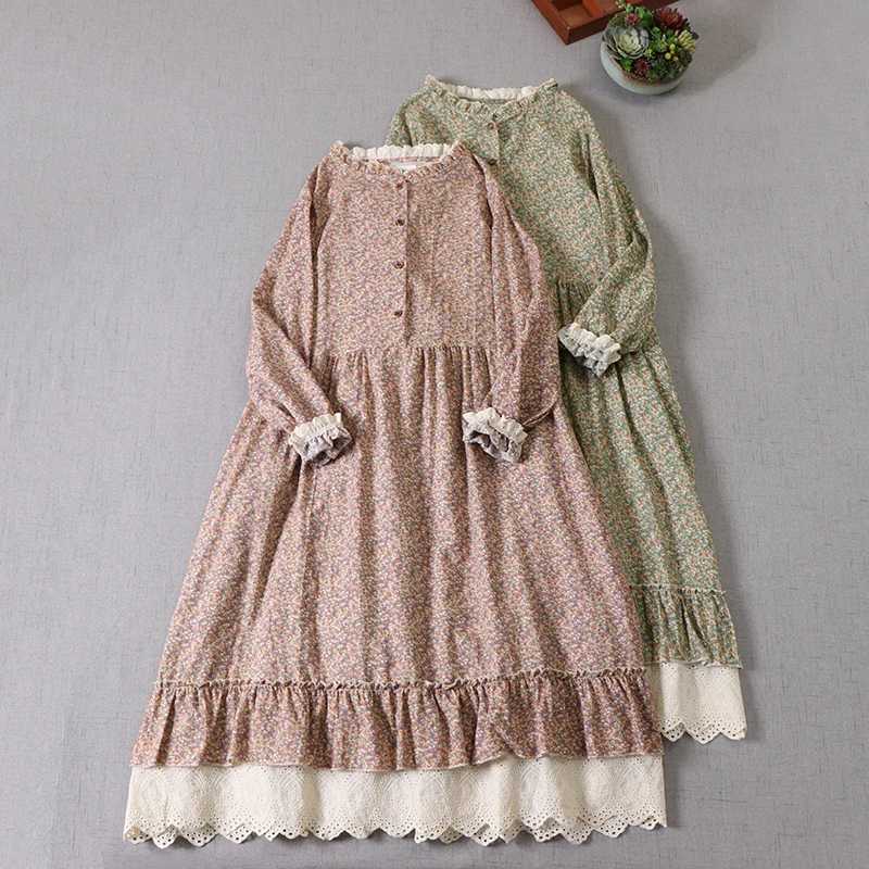 Japanese Pretty Soft  Wide Literary Floral Dress Spring New Printed Long-sleeved Lace Collar Dress Midi Dress Lolita Fairy Dress