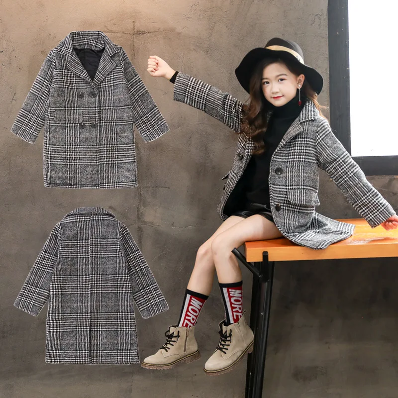 

Girls' coat 2021 autumn and winter Korean version of grey plaid houndstooth coat children's woolen coat one generation