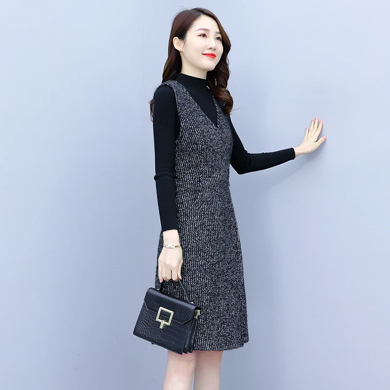 Autumn Winter Black Sweater Vest Dress Sets Women Thick Warm Midi Dress Two-piece Suit 2024 Elegan Bodycon Vintage Party Vestido