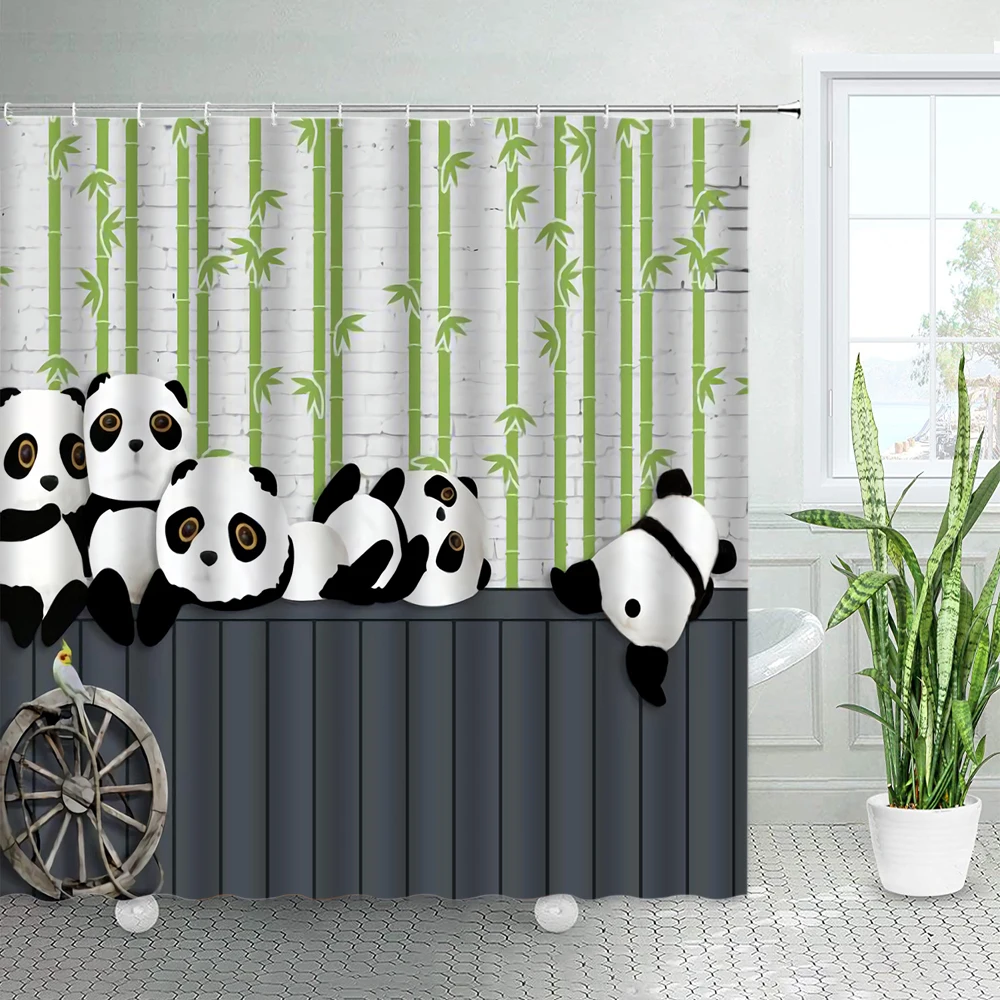 Cute Cartoon Panda Shower Curtains Green Bamboo Retro Brick Wall Chinese Style Black White Animal Children Bathroom Curtain Set