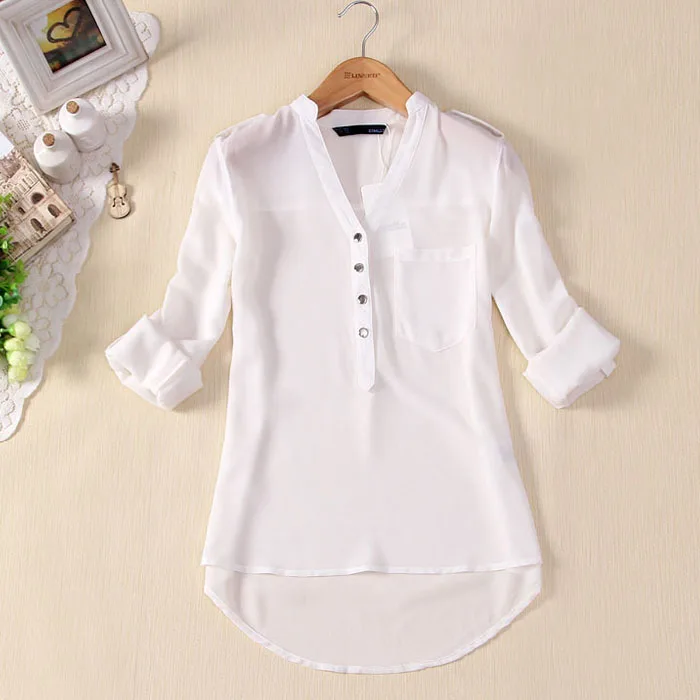 Women Blouse Button V Neck Spring Summer V-neck Chiffon fabric Long Sleeve Casual Shirt Office Lady Elegant Blouse Shirt Tops P5