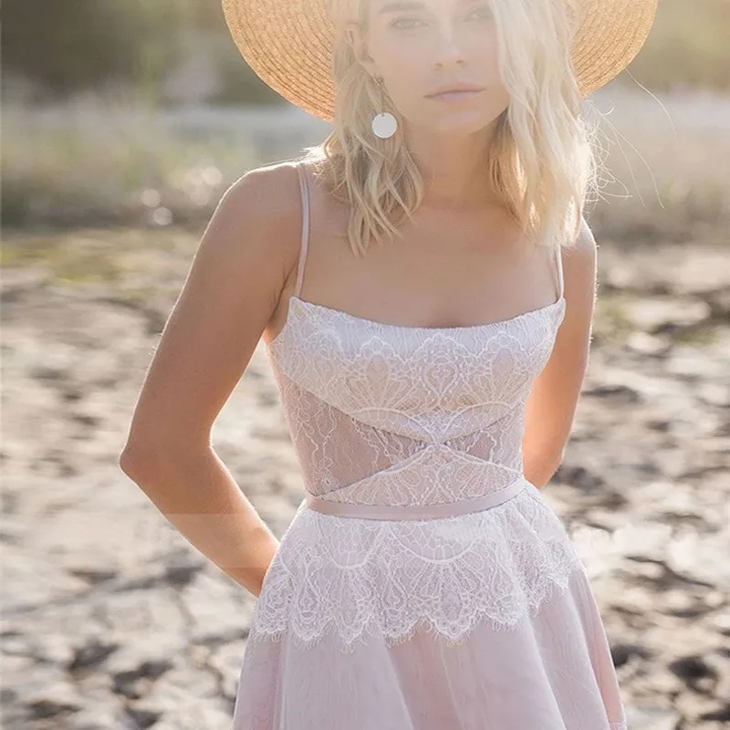 فستان زفاف بوهو أنيق على شكل حرف A وأشرطة سباغيتي وأربطة من الخلف بدون أكمام مناسبة رسمية مخصصة