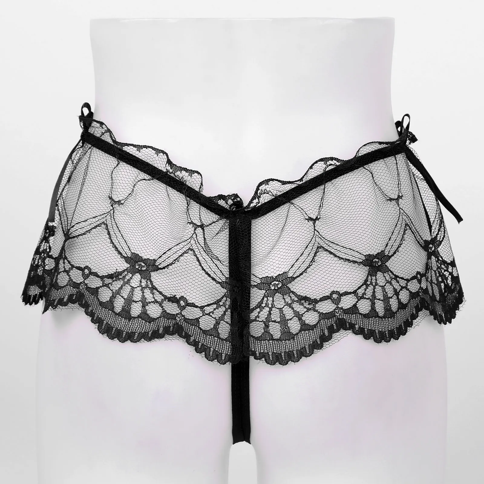 Perizoma da uomo in pizzo trasparente perizoma con gonna perizoma t-back mutandine vita bassa allentato elastico in vita Bowknot Lingerie Underwea