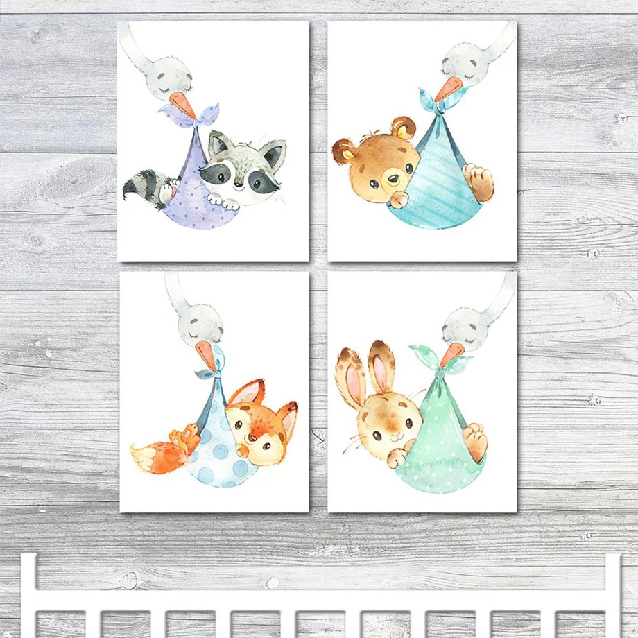 Swan Baby Bear Rabbit Fox Raccoon Wall Art Canvas Painting Cartoon Nordic Posters Prints Wall Pictures Girl Boy Kids Room Decor