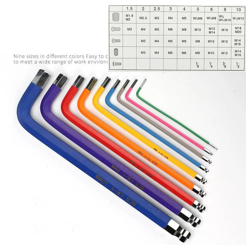 9 Pcs Ball Point Gekleurde Regen Boog Kleur Wrench Kleurrijke Hex Key Set Metrische Gemengde Kit