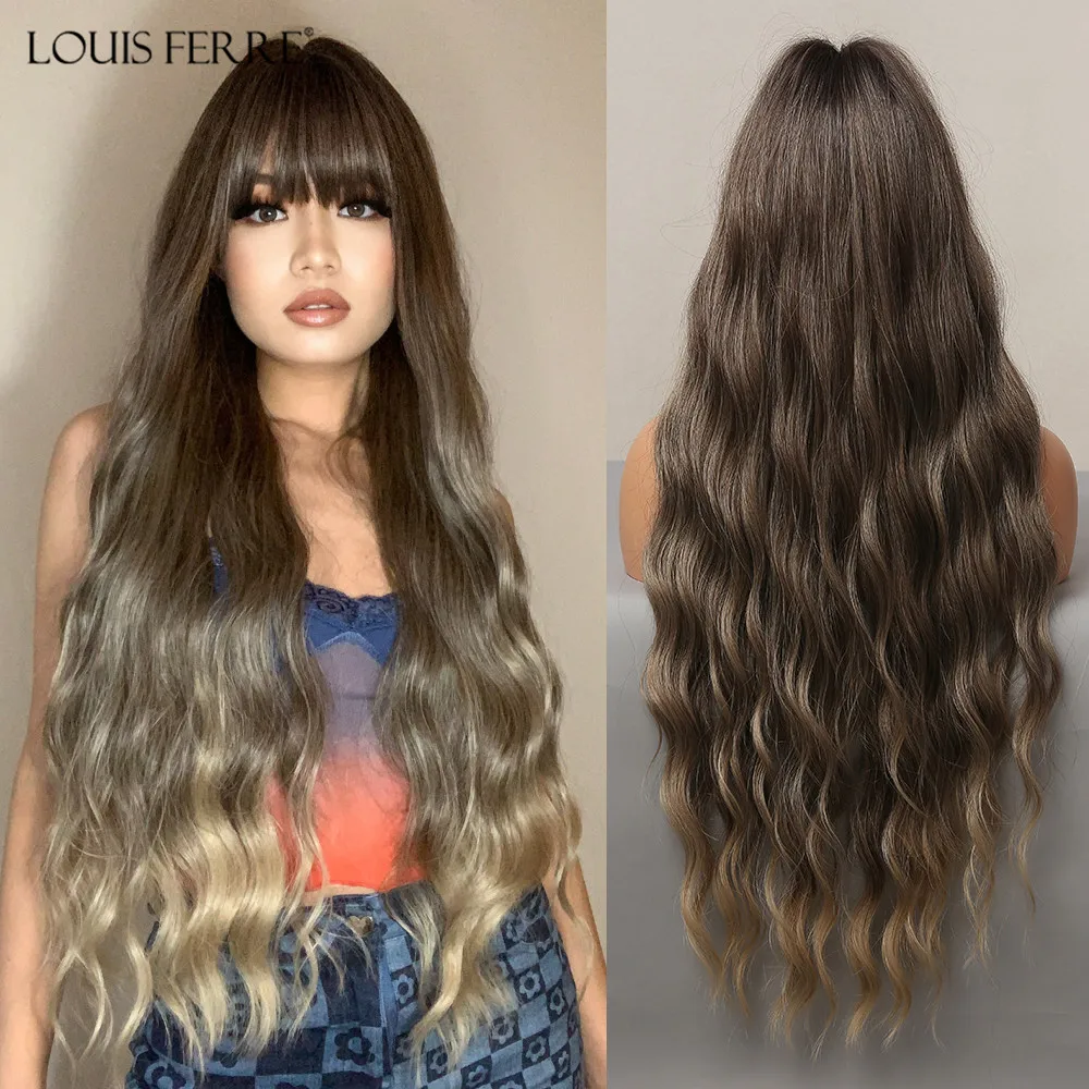 LOUIS FERRE Long Body Wave Wigs for Women Brown Wigs with Bangs Synthetic Mermaid Curly Fake Hair Cosplay Heat Resistant Fibre