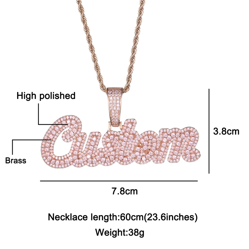 Hip Hop Customized Name Cursive Letters Cubic Zirconia Iced Out Chain Pendants & Necklaces For Men Jewelry With Solid Back