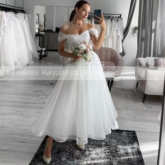 Ivory Short Beach Wedding Dresses A Line Sweetheart Neckline Polka Dot Tulle Bridal Gowns Tea Length Russian Bride Party Dresses AliExpress