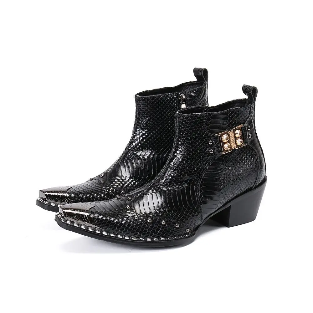 

Real Crocodile Leather High Heels Men Cowboy Ankle Boots Rivets Metal Motorcycle Short Boots Party Dress Boots Sapatos Social