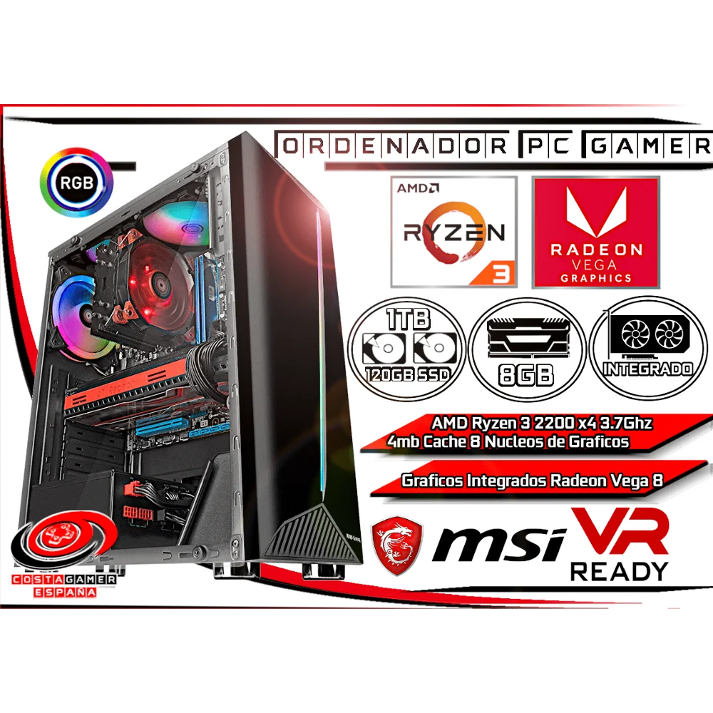 Computer Pc Gamer work Studio Entertainment AMD Ryzen 3x4 a 3.70GHz 8GB Ram 120GB SSD + 1TB HDD Radeon Vega 8