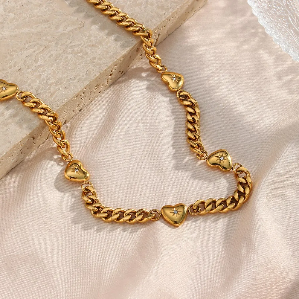 

2022 New Fine Polished Dubai 18K Gold Plated Stainless Steel Cuban Chain Necklace Star Charm CZ Stone Inlaid Jewelry Set