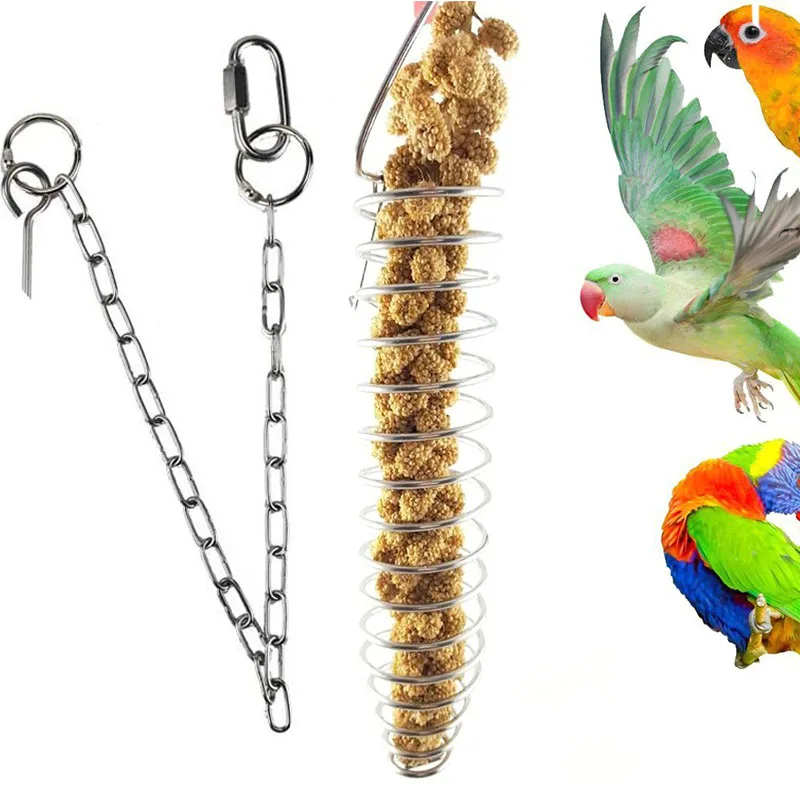 

New Portable Stainless Steel Hanging Spiral Feeder Birds Parrot Pet Food Fruit Holder Climb Play Toy