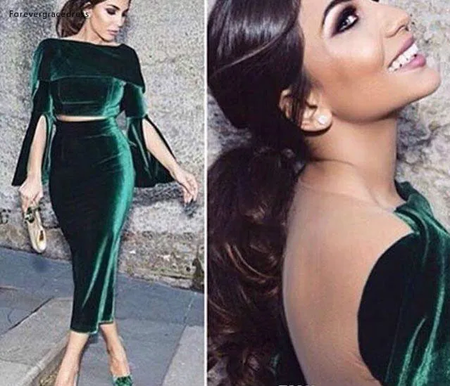 2019 Sexy Green Two Pieces Prom Dress Vintage Velvet Ankle-Length Formal Holidays Wear Graduation Evening Party Gown Custom Made