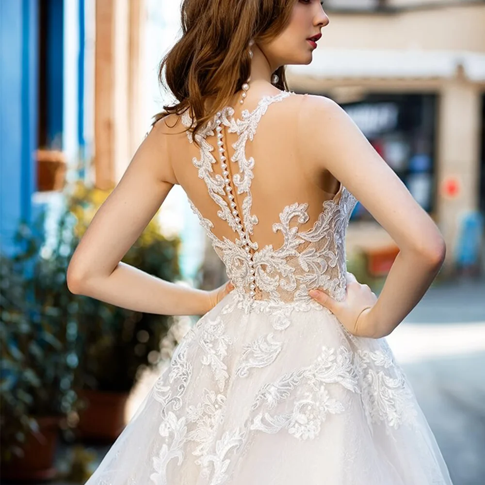 Robe de mariée en Tulle brillant, avec des appliques, sur mesure, grande taille, Illusion de fleurs dans le dos, sans manches, à paillettes, de luxe