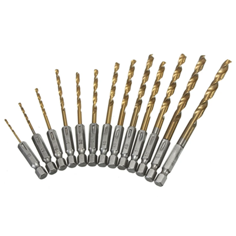 13 sztuk/partia ze stali szybkotnącej HSS pokryte tytanem zestaw wierteł 1/4 uchwyt sześciokątny 1.5-6.5mm wiertło spiralne