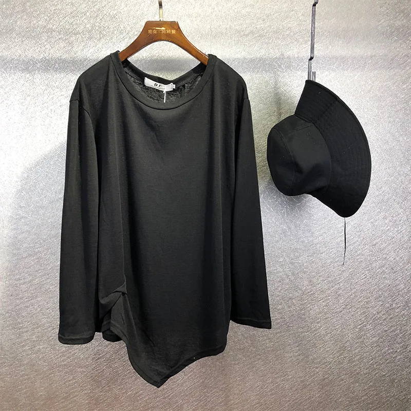 

Men's autumn new dark personality irregular hem design loose round collar T shirt match base large size long sleeve T shirt