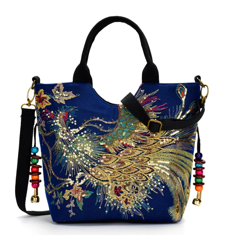 Einkaufstasche mit Pailletten im Ethno-Stil, Handtaschen mit Pfauenstickerei, Vintage-Umhängetasche aus Segeltuch – Detail 1