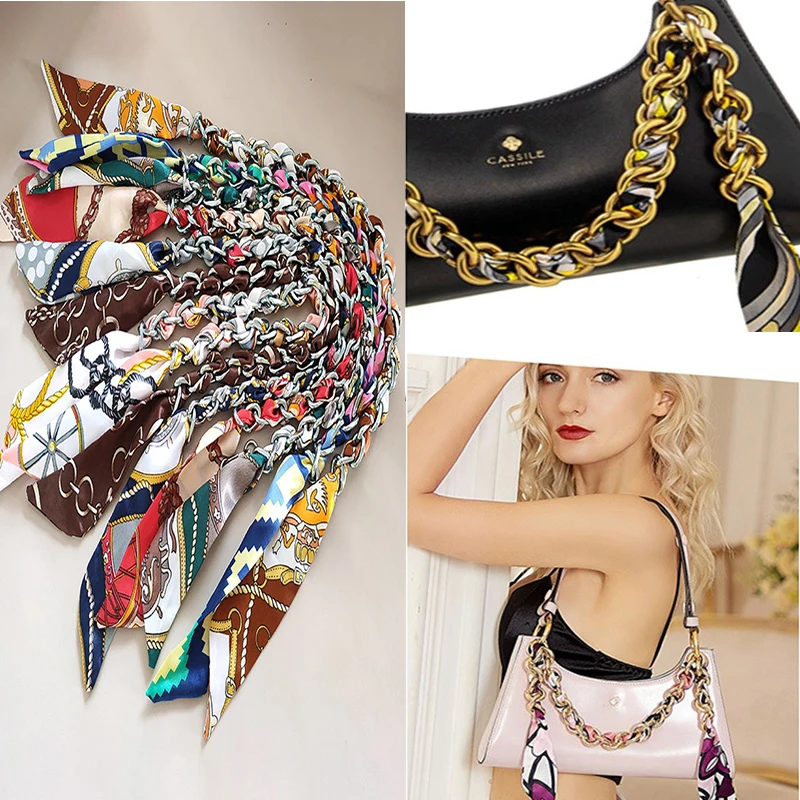 New Fashion Woman Handbag Accessory Silk Scarf Metal Chain Luxury Bag Strap Women Clutch Shoulder Purse Chain