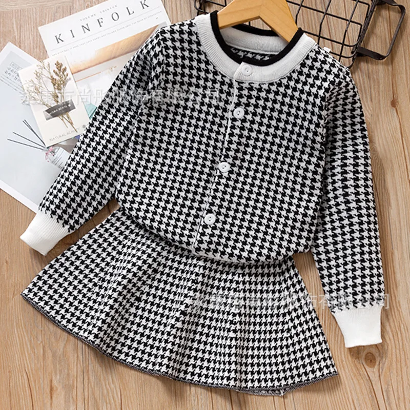 Autunno ragazze moda Set lavorato a maglia 2021 nuovo stile coreano abbigliamento a maniche lunghe maglione per bambini Cardigan + gonna Set di due