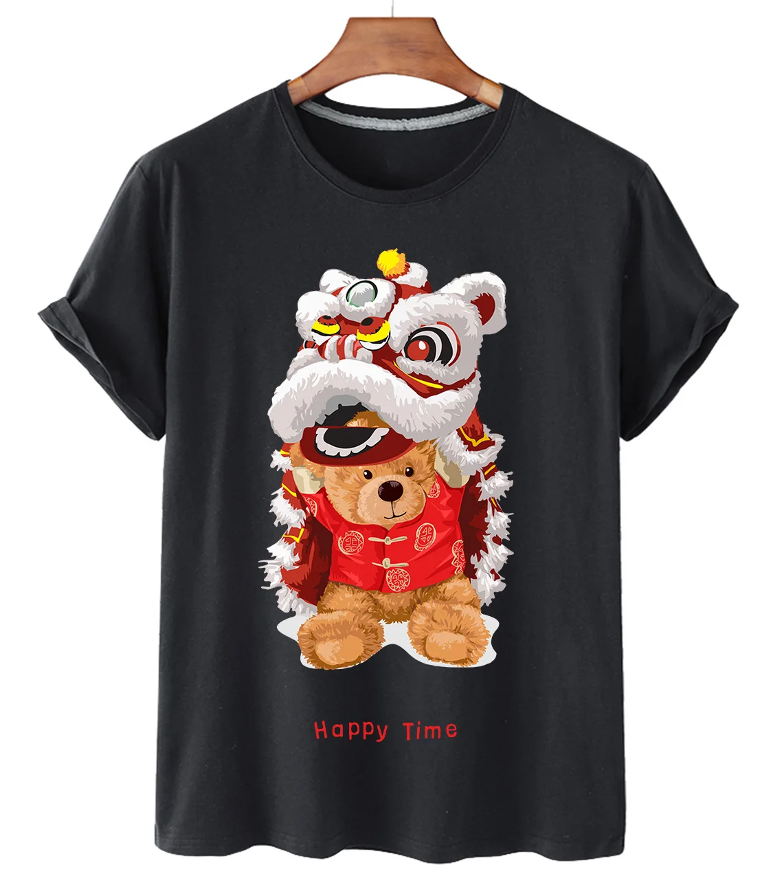 

Pure Cotton Chinese Dragon Dance Bear Print Short-sleeved O-neck Loose Casual Top T-shirt Female Oversized T-shirt Couple S-3XL