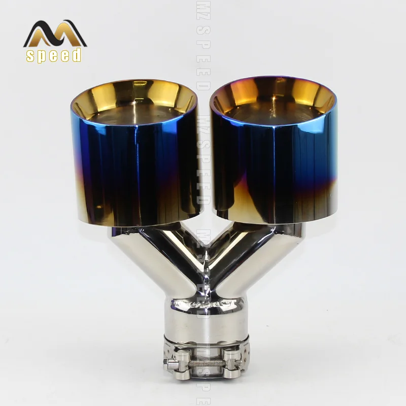 1PCS Car Accessories 304 stainless steel blue and bright y-type double outlet straight edge exhaust pipe tailpipe