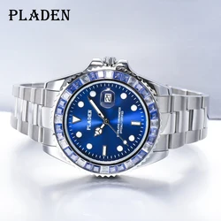 PLADEN New Luxury Men Quartz Wristwatch Blue Diamond Bezel Stainless Steel Watch Top Brand Sapphire Glass Man Clock reloj hombre