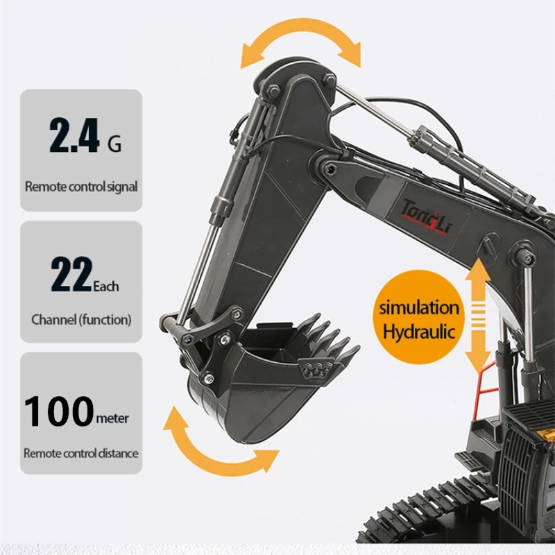 Excavadora RC de simulación realista, rotación de 680 grados, cubo de aleación de 22 canales, pluma Flexible, luz LED, camión RC de aleación de resistencia de 30 minutos