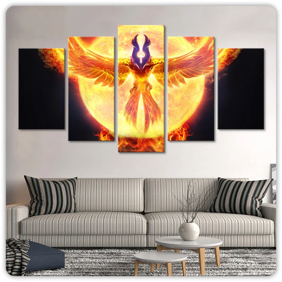 No Framed Canvas 5Pcs DotA 2 Fire Phoenix Game Modular Wall Art Posters Decorations for Living Room Picture Home Decor Paintings