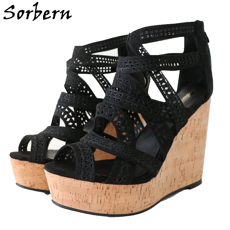 

Sorbern Black Wedge Sandals Hollow Summer Shoes Back Zipper Platform High Heel Sexy Summer Sandals New Women Wedge Sandals