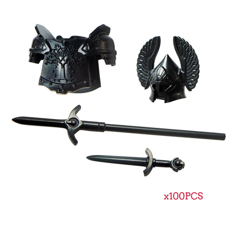 100PCS MOC Medieval Knights Weapons Rome Warriors Soldiers Armor Helmet Building Blocks DIY Brick Accessories Toys For kid Gifts