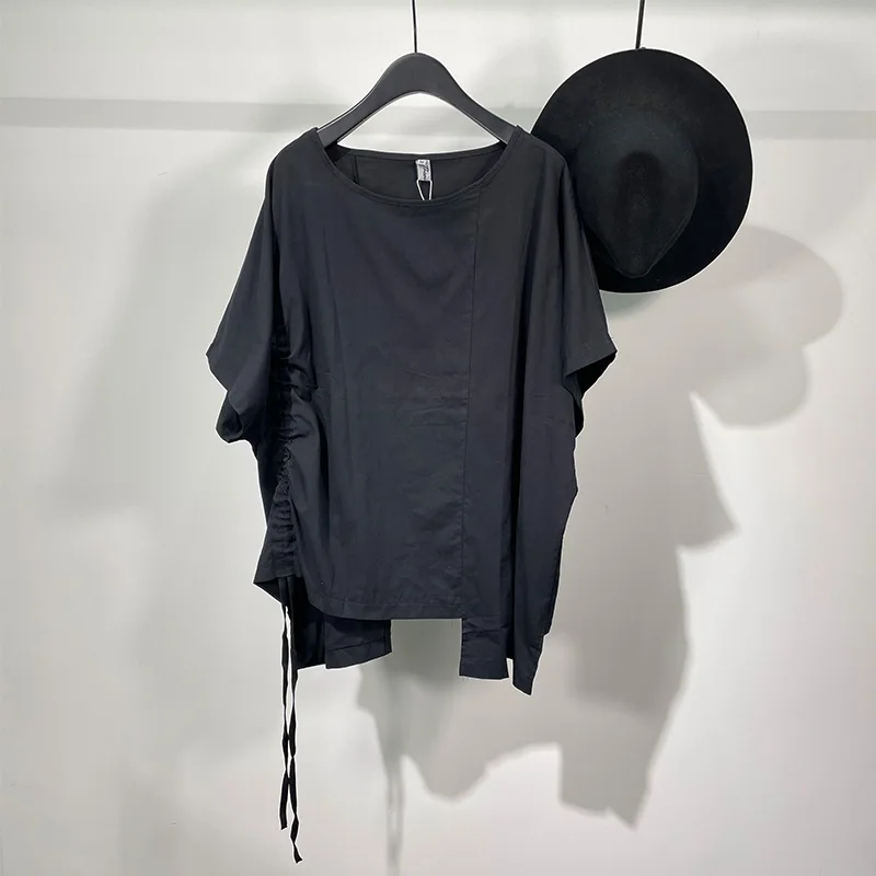 

Men's Short Sleeve T-Shirt Summer New Solid Color Round Collar Irregular Asymmetrical Drawstring Design Fashion Loose Top