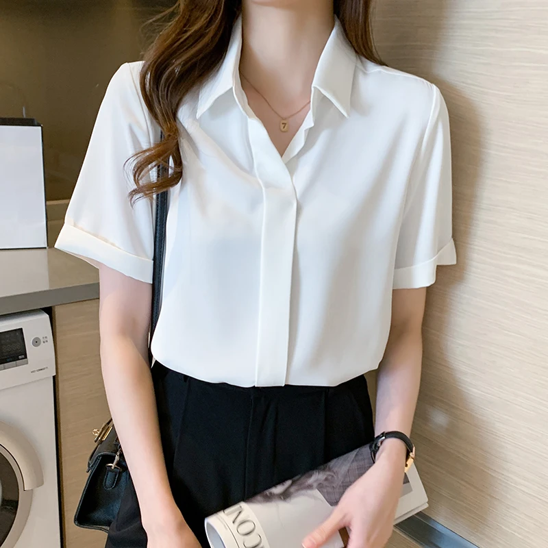 QOERLIN Chic Formal Shirt Female Summer 2021 New Korean Loose Elegant Professional Short Sleeve White Shirt Chiffon Blouse 2XL