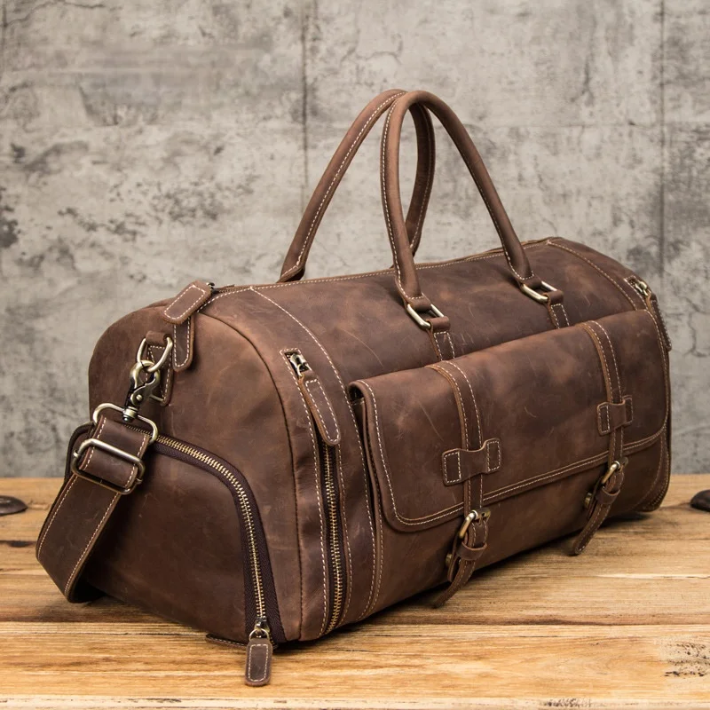 

Retro Crazy Horse Leather Cylindrical Portable Travel Bag Multifunctional Large Capacity Gym Bag