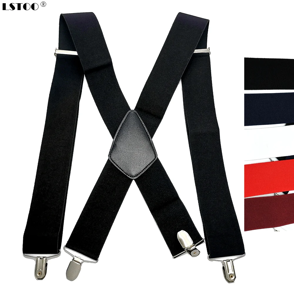 50mm Wide Elastic Adjustable Men Suspenders X Back Suspender Leather Cross 4 Strong Protect Clips Hold Up Pants Worker Braces