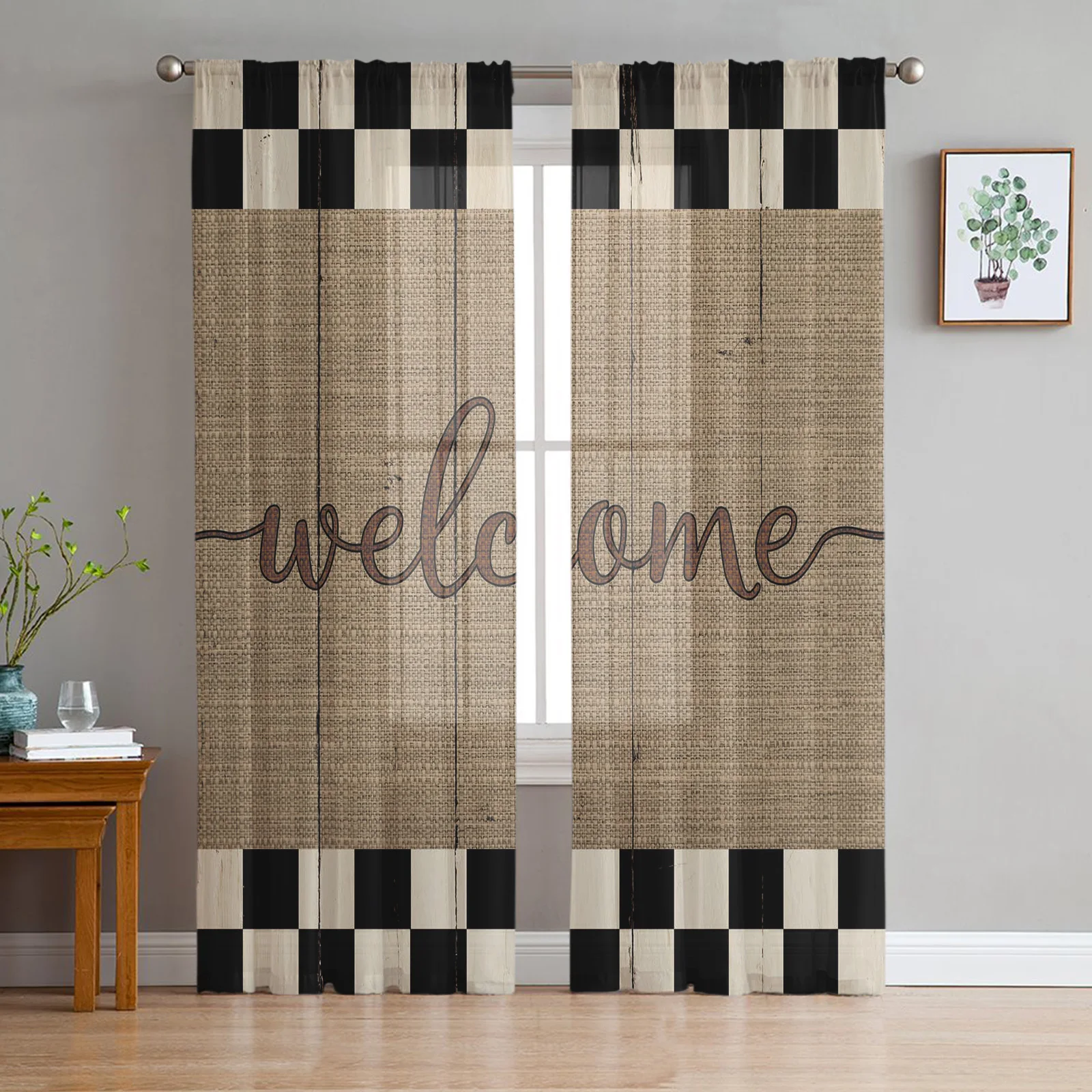 

Plaid Wood Grain Retro Welcome Sheer Tulle Window Curtains For Living Room Bedroom Kitchen Veiling Curtain Home Decoration