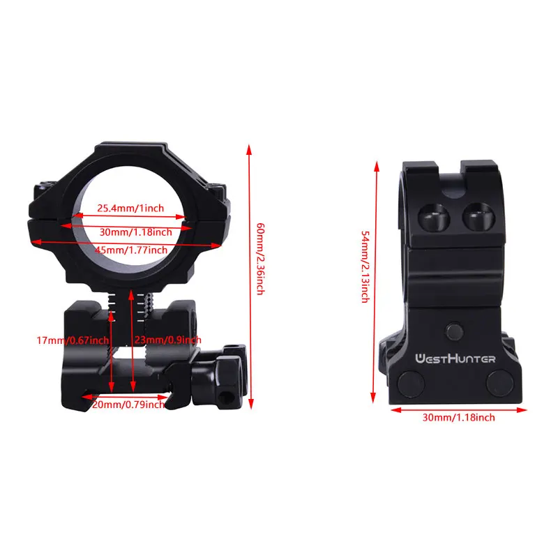 WESTHUNTER Adjustable Profile Picatinny Riflescope Rings 1\'\'/30mm Center Height 32 To 38mm Adjust Optical Sights 20mm Rail Mount