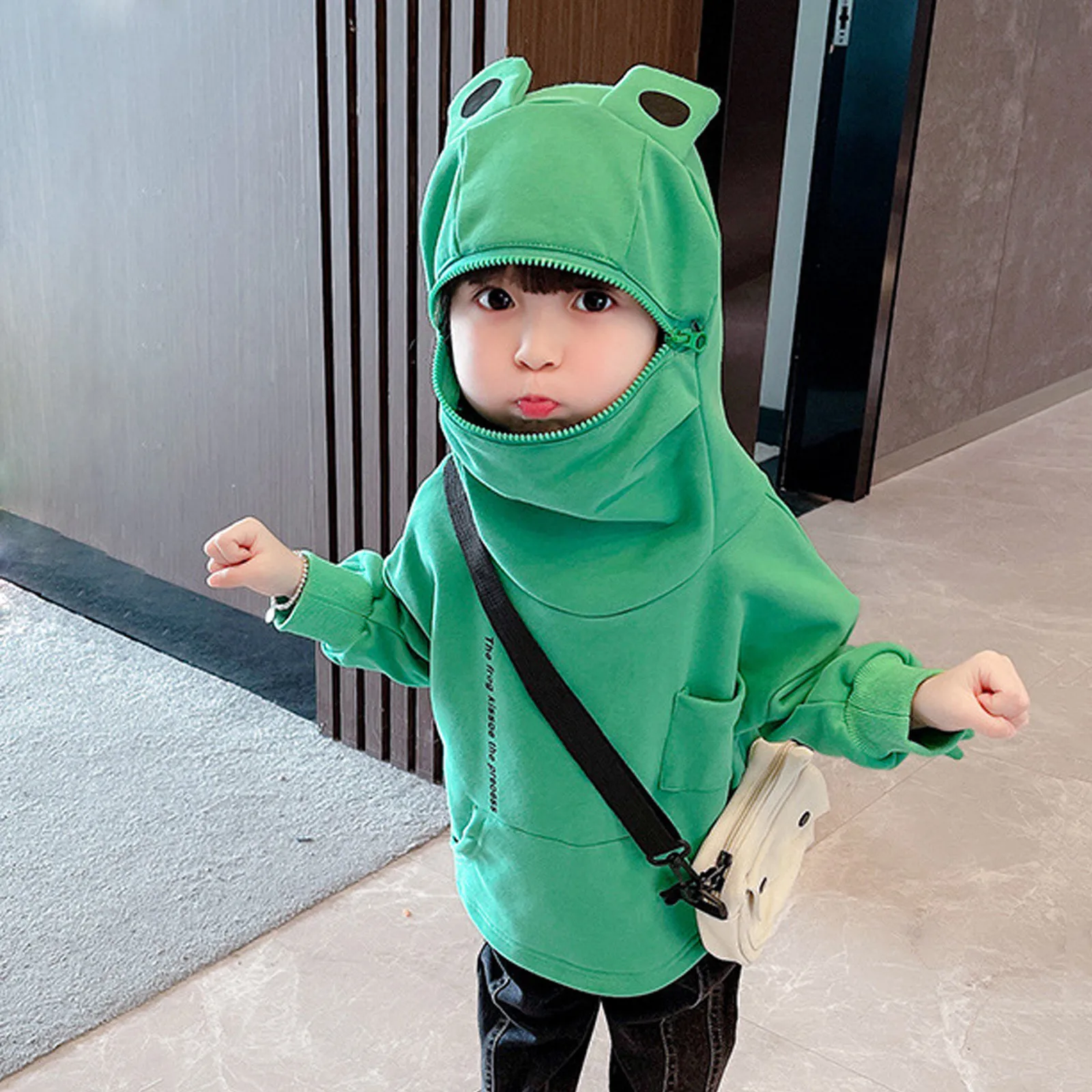 Kids Baby Girls Boys Cotton Sweatshirt 3D Cartoon Frogs Hoodies Zipper Mouth Hooded Pullover With Large Pocket Sweatshirts