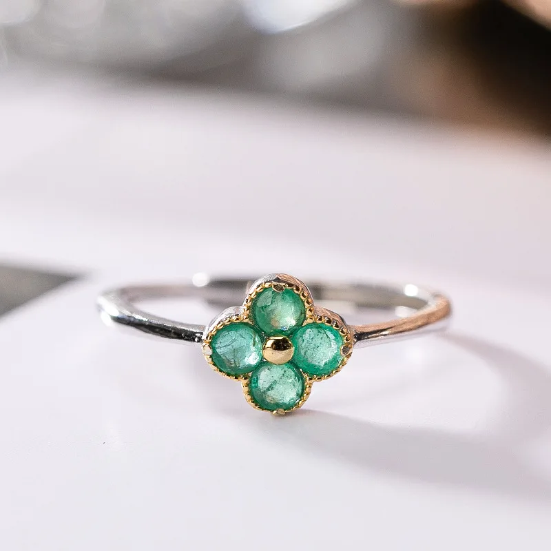 

Trendy 925 Sterling Silver Natural Emerald Flower Rings for Women Fine S925 Jewelry Emerald Gemstone Opened Ring Birthday Gift