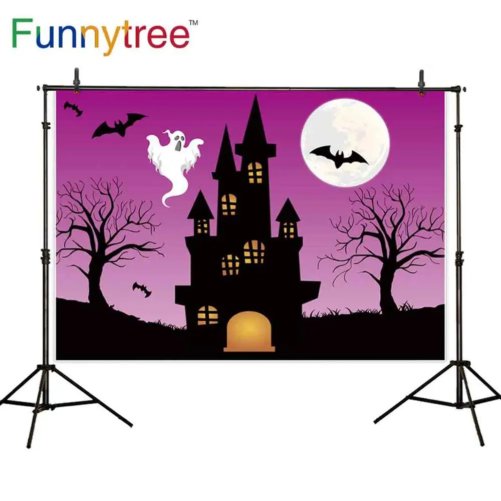 Funnytree Halloween Castle Backdrop Moon Bat Cute Ghost Baby Child Birthday Photography Background For Photo Studio Photophone