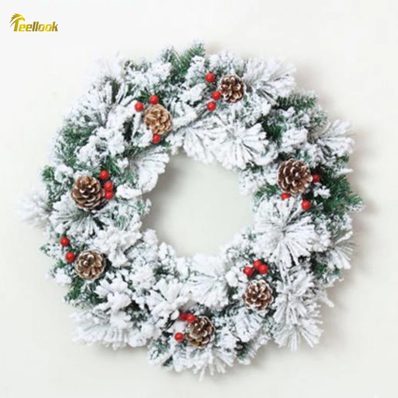 

Teellook 50cm pine needle mixed snowflake Christmas wreath red fruit decoration snow Christmas pine wreath