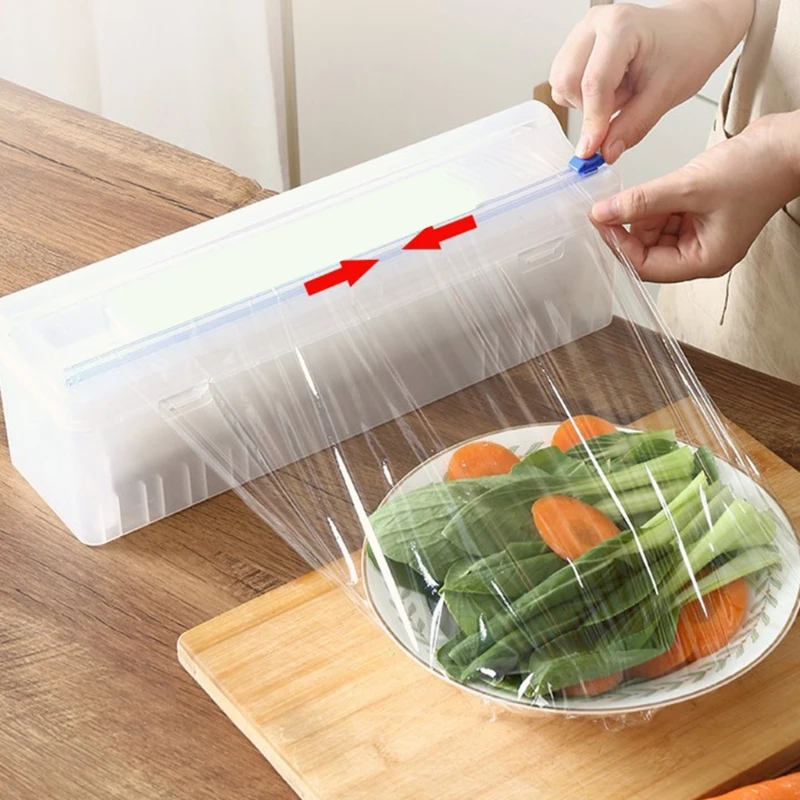 Household Reusable Food Plastic Wrap Dispenser with Cutter Adjustable Cling Film Cutter Kitchen Tools Supplies Healthy