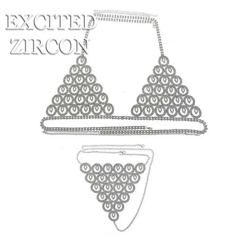 2020 New Luxury Circle Crystal Bikini Body Chain for Women Sexy Lingerie Chain Bling Rhinestone Bra and Thong Set Jewelry