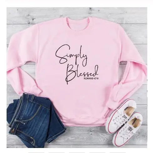 Simply Blessed Christian Sweatshirt Casual Fashion Clothing Cotton Hoodies Gift Stylish Faith Jesus Tops Bible Verse Pullover