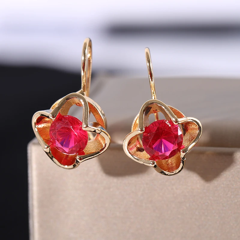 Vintage Gold Color Red Crystal Zircon Ear Earrings For Women CZ Stone Inlay Dangle Drop Earrings Female Wedding Jewelry Gifts