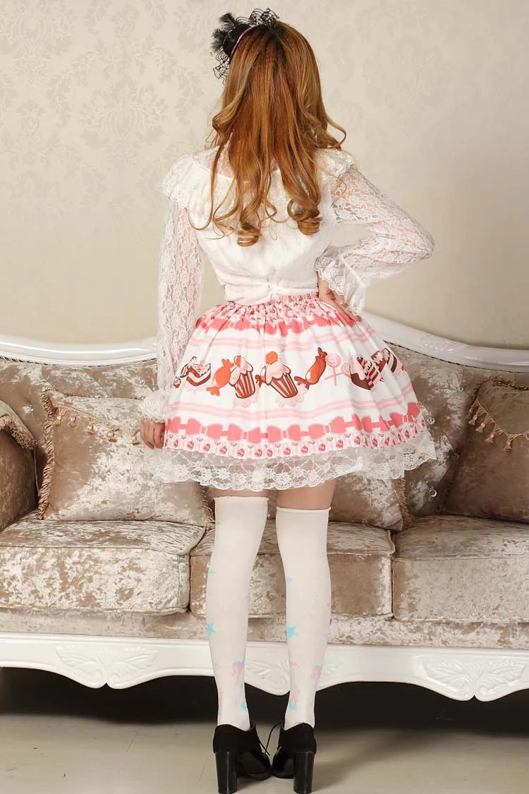 Pretty Baby Pink Candy Skirt Cute Cake Printed Japan Kawaii Adorable Lace Lolita skirt Princess Soft Skirts for Women