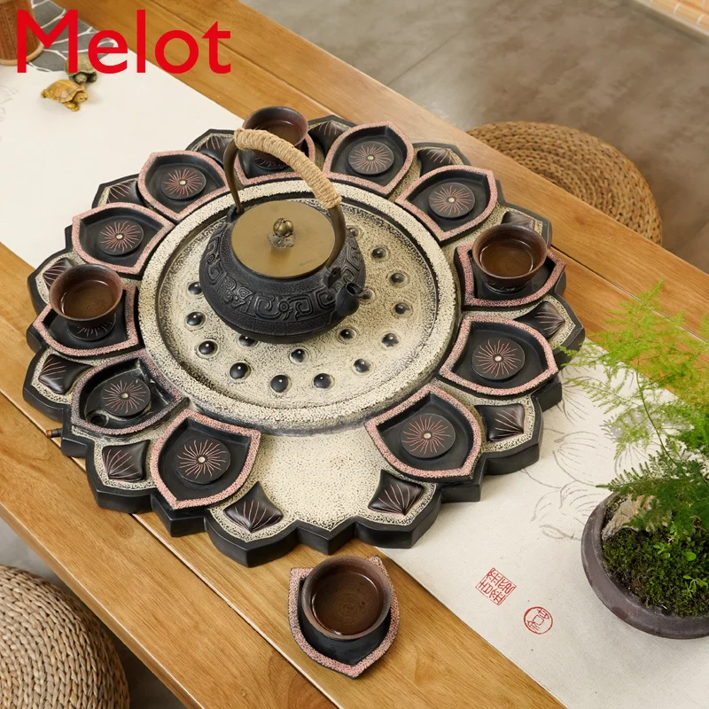 High-End Chinese Classical Creativity Large round Tea Tray Set Tray Coaster Antique Tea Set Decoration Zen