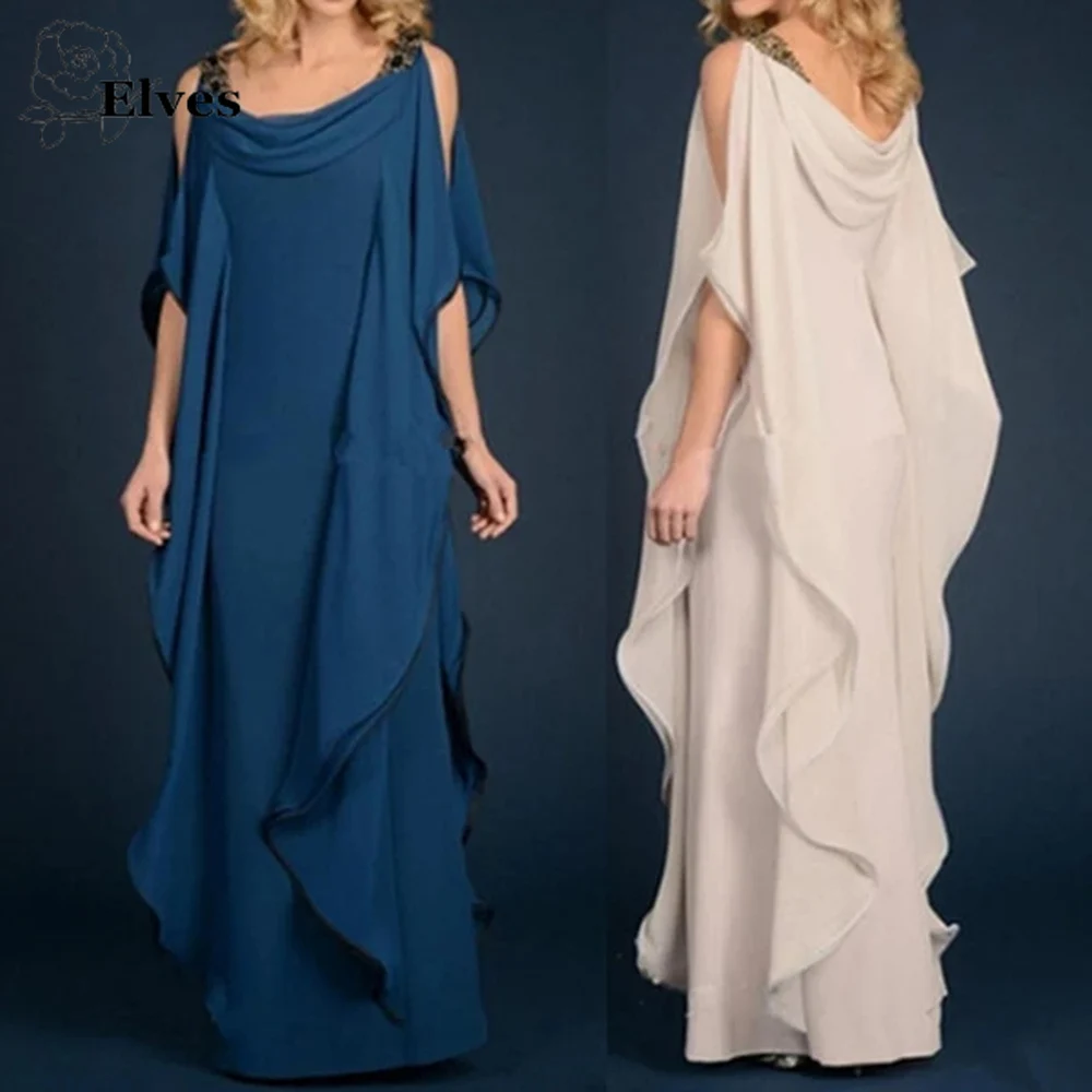 

New Champagne Navy Blue Mother Of The Bride Dresses Long Chiffon Garment Ruffles Flowing Mother Formal Scoop Neck Evening Gown