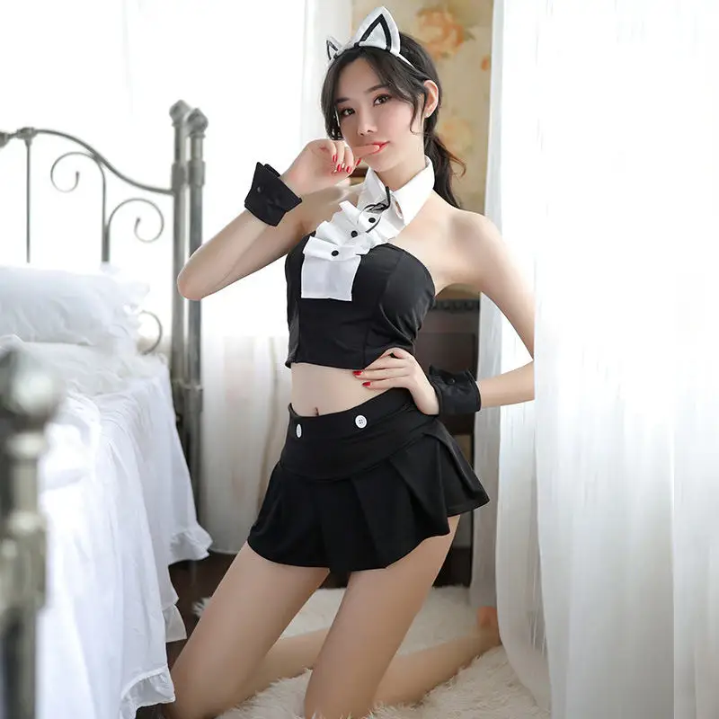 

New Sexy Lingerie Women Sexy Nightdress Cute Cat Ears Girl Game Play Stucent Uniform Temptation Adult Suit Costume