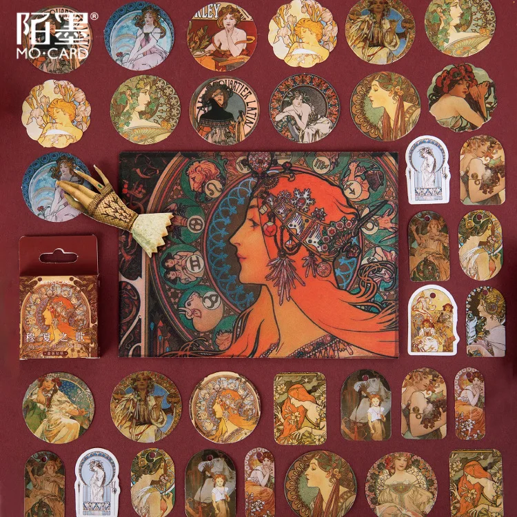 46pcs/pack Mucha Painting Paper Sticker Decoration Stickers Diy Ablum Diary Scrapbooking Label Sticker