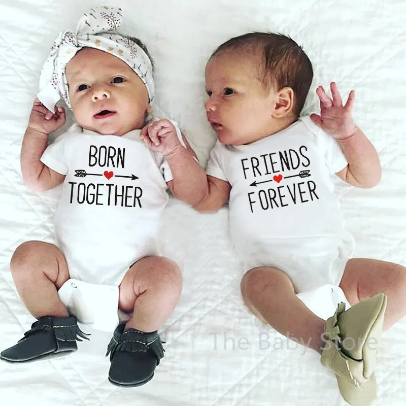 1Pc Born Together and Friends Forever Baby Summer Short Sleeves Rompers Casual Twins Baby Bodysuits Toddler Onesie Cute Ropa